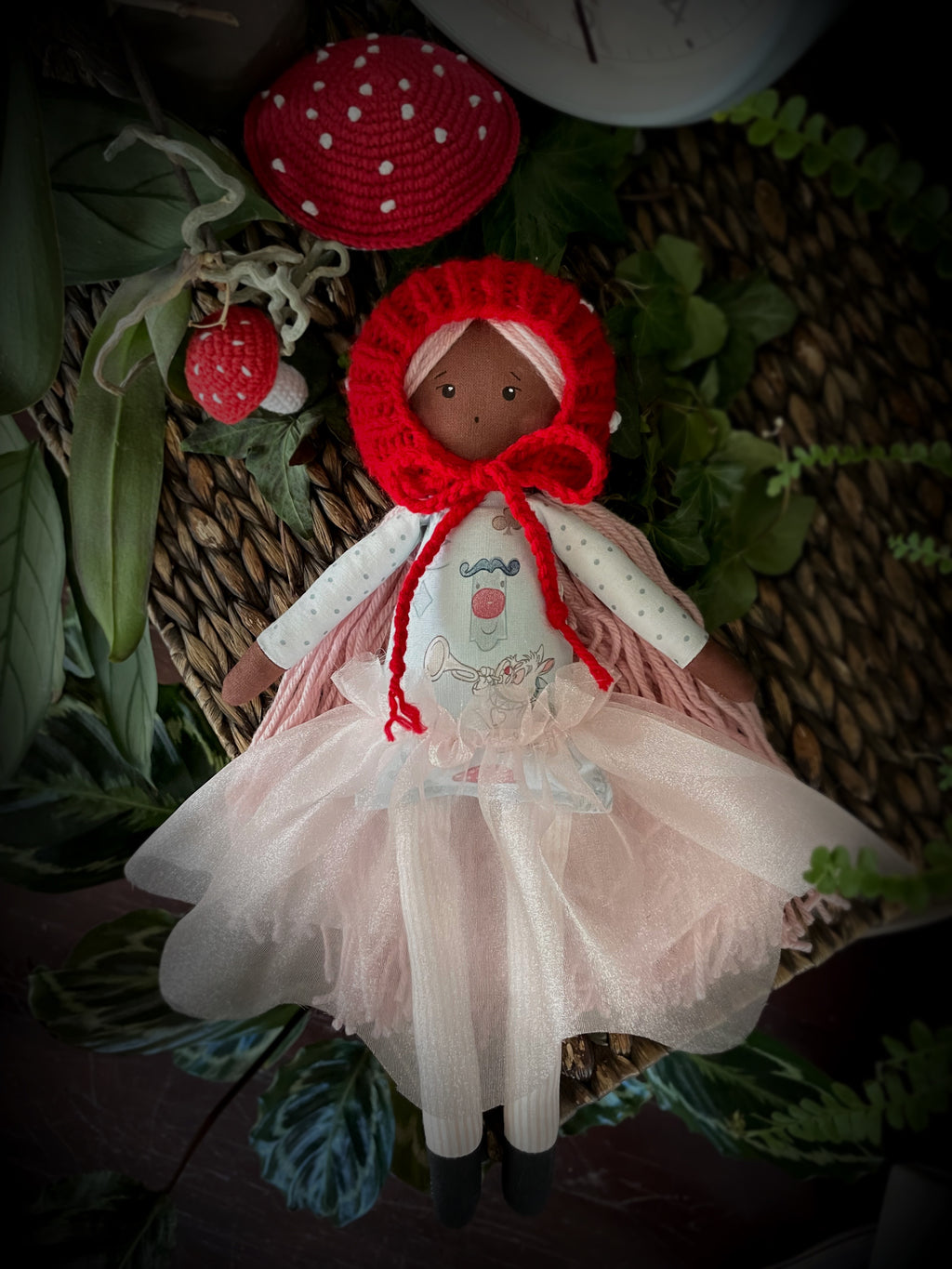 Wonderland Mushroom Hat Doll | Pink Hair Dark Skin.