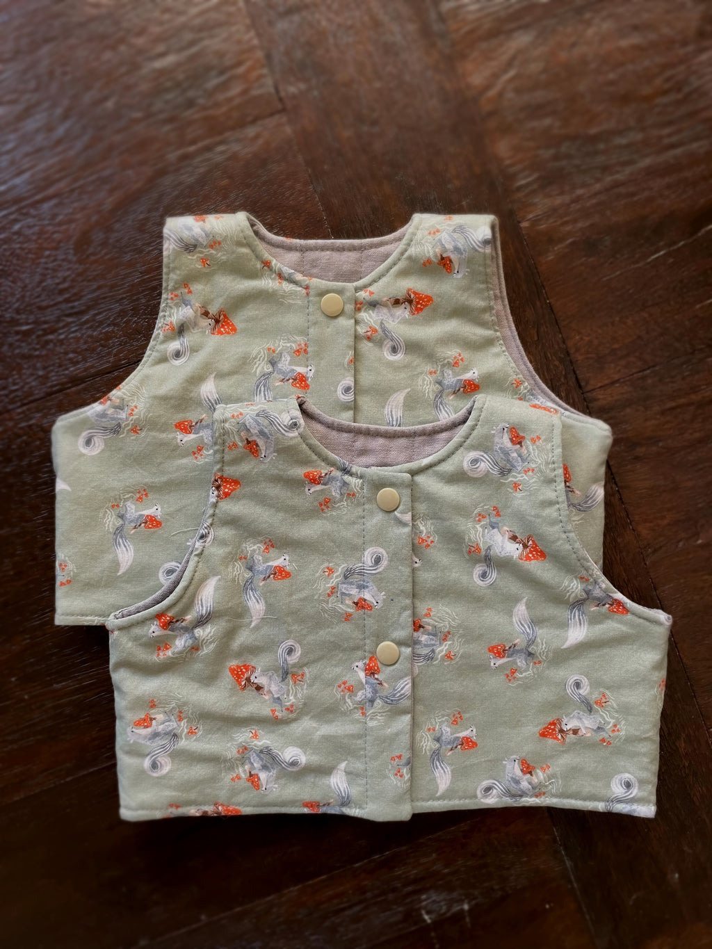 Mushrooms & Squirrels Kids Vest | Size 3 months.